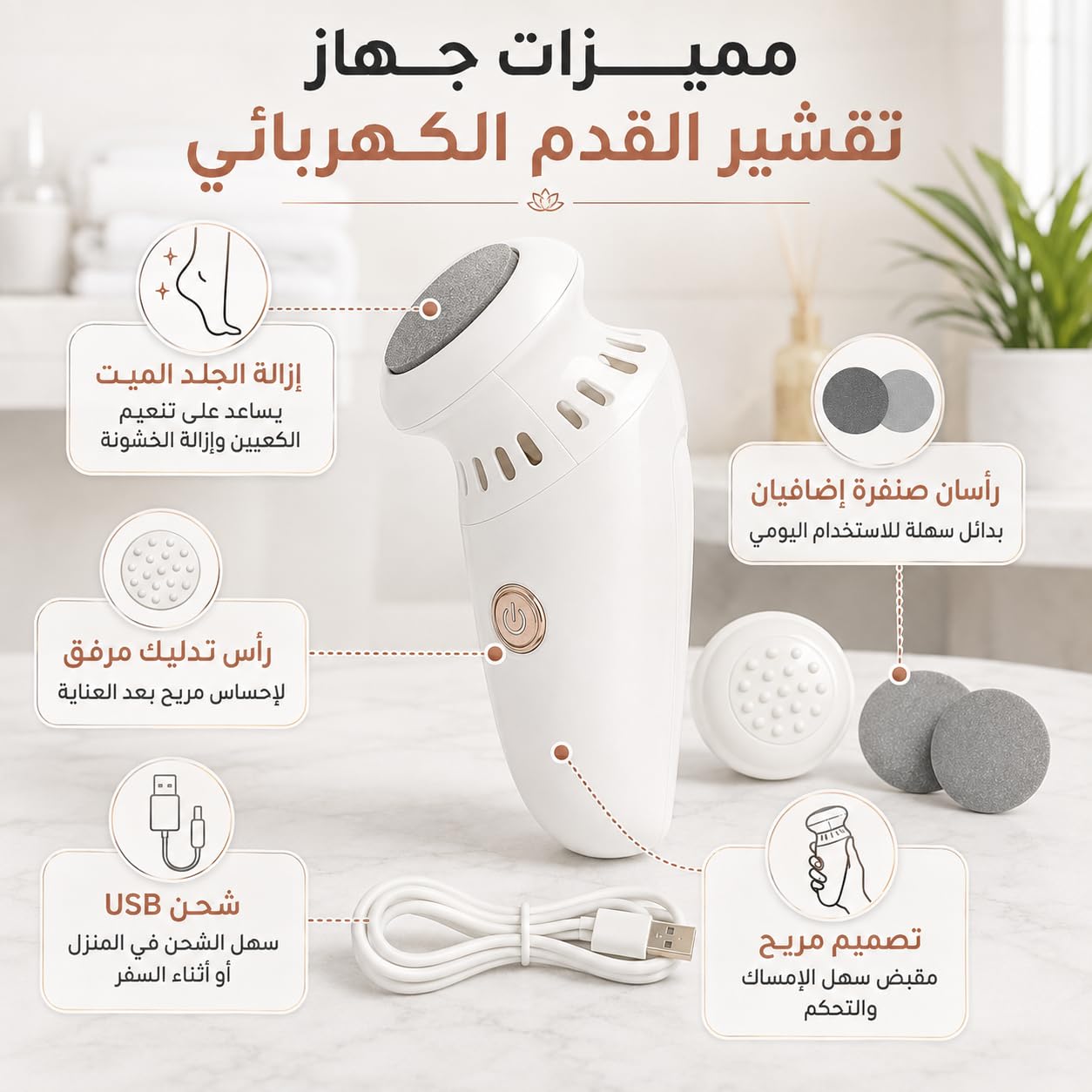 Electric Foot File, Rechargeable Callus Remover with Removable Roller Head, Compact Pedicure Tool for Dry Rough Heels and Hard Skin, White - image 3