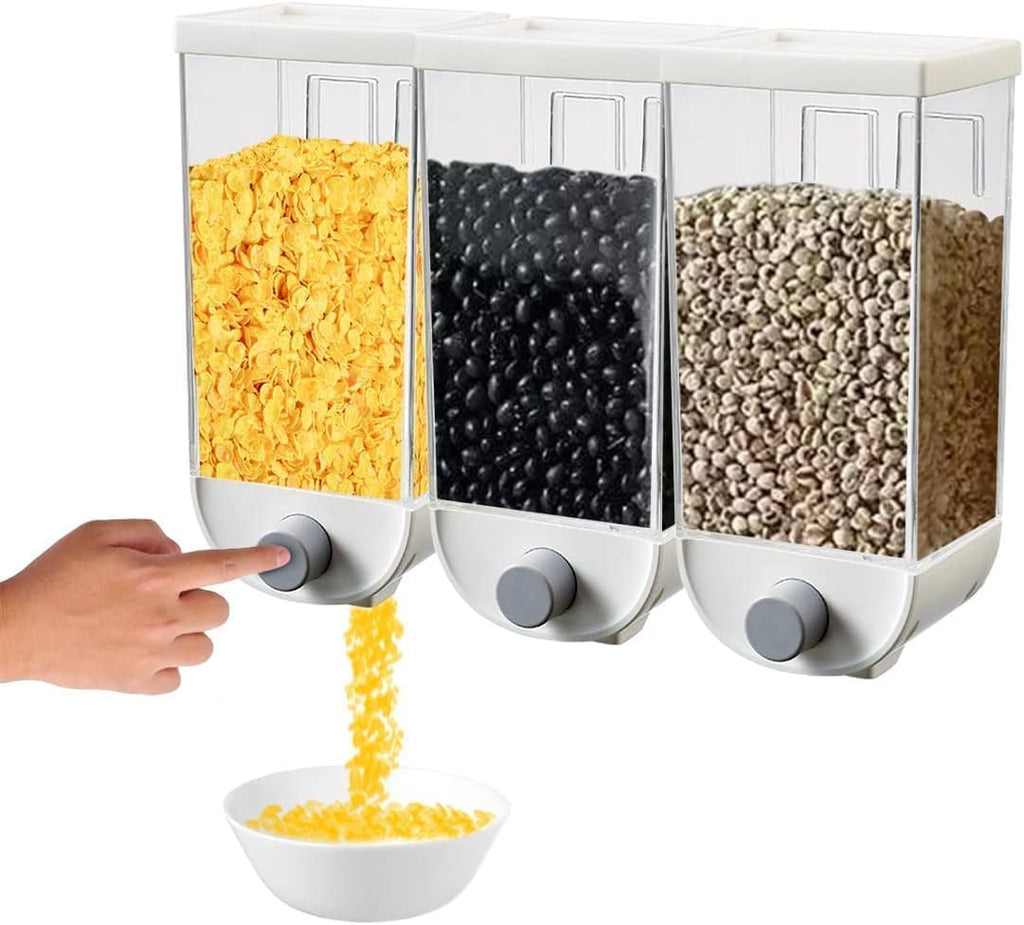 Cereal Dispenser Wall Mounted Rice Container, Airtight Grain Storage, Portion Control, Double Outlet, 1 L, One-Touch Serving Kitchen Organizer (3 PCS) - image 1
