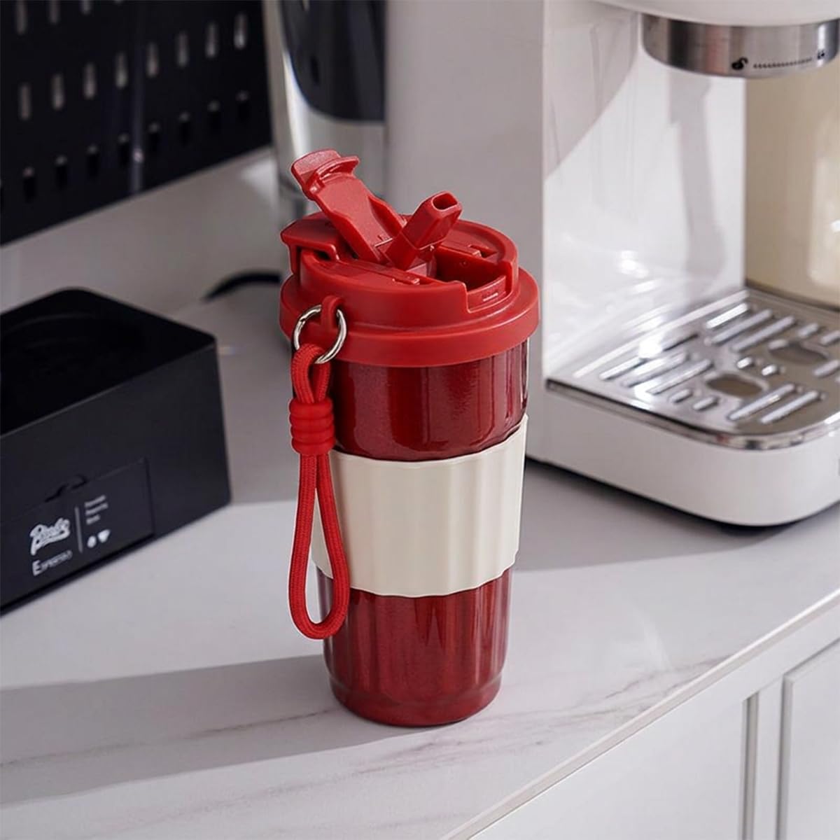 Travel Mug 500ml, Vacuum Insulated Stainless Steel Tumbler with Straw Lid and Carry Handle, Leak-Resistant Coffee Cup for Hot and Cold Drinks, Car and Office, F-1537 (Red) - image 6