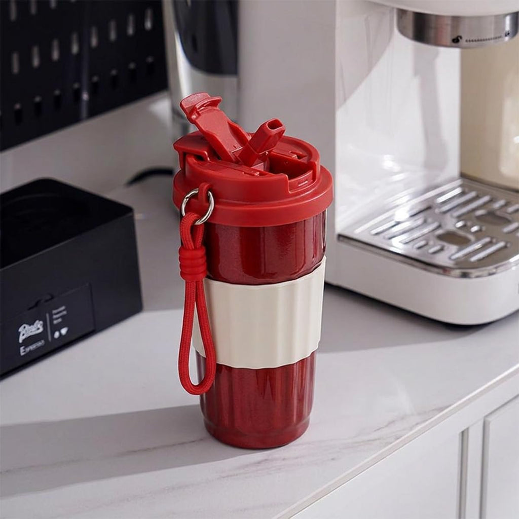 Travel Mug 500ml, Vacuum Insulated Stainless Steel Tumbler with Straw Lid, Carry Handle and Leak-Resistant Cover for Coffee, Tea, Car and Office, F-1537 (Red) - image 6