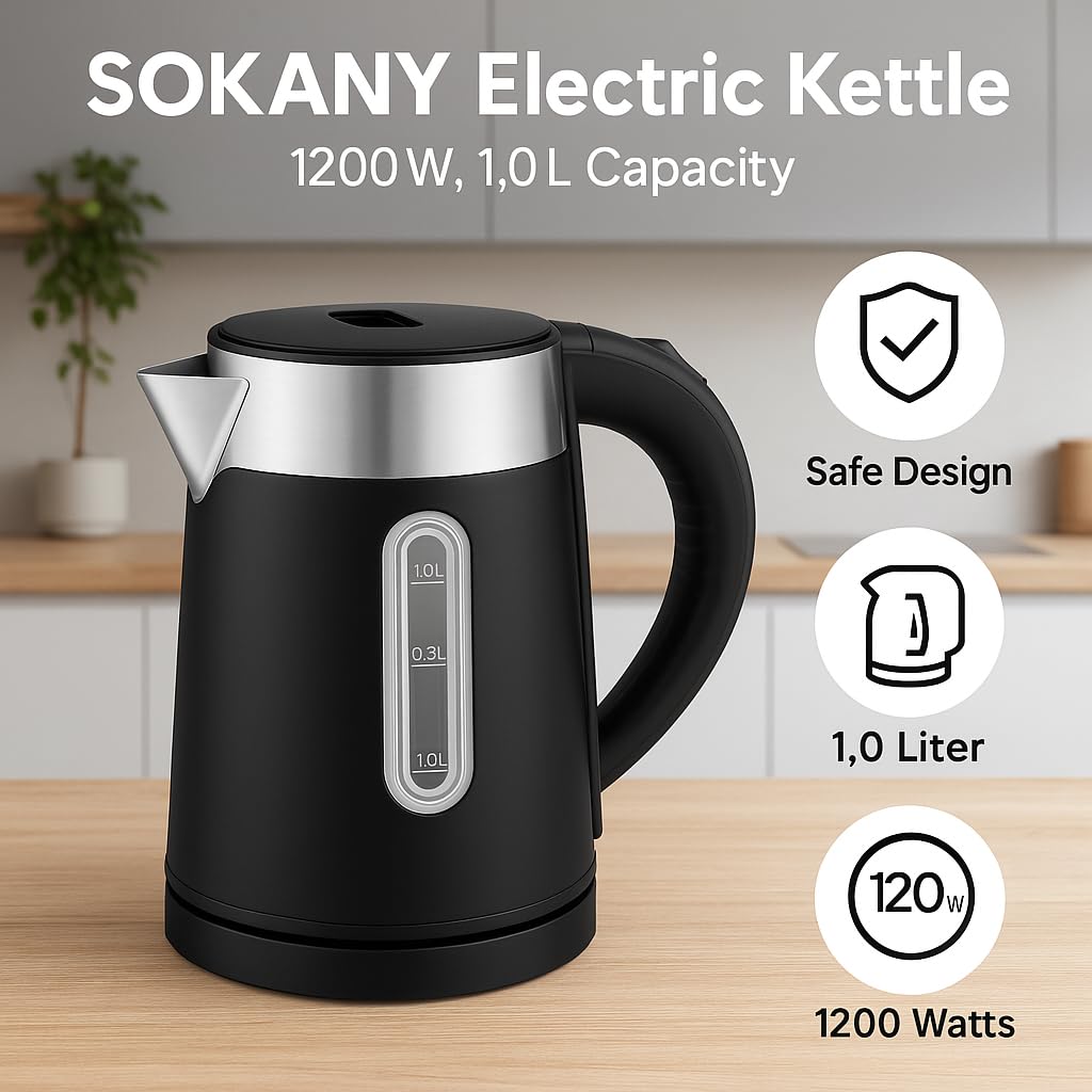Electric Kettle 1L Stainless Steel, 1200W Fast Boiling Water Boiler with Auto Power‑Off, 360° Swivel Base & Indicator Lamp, SK‑0808 – Sokany (Black) - image 2