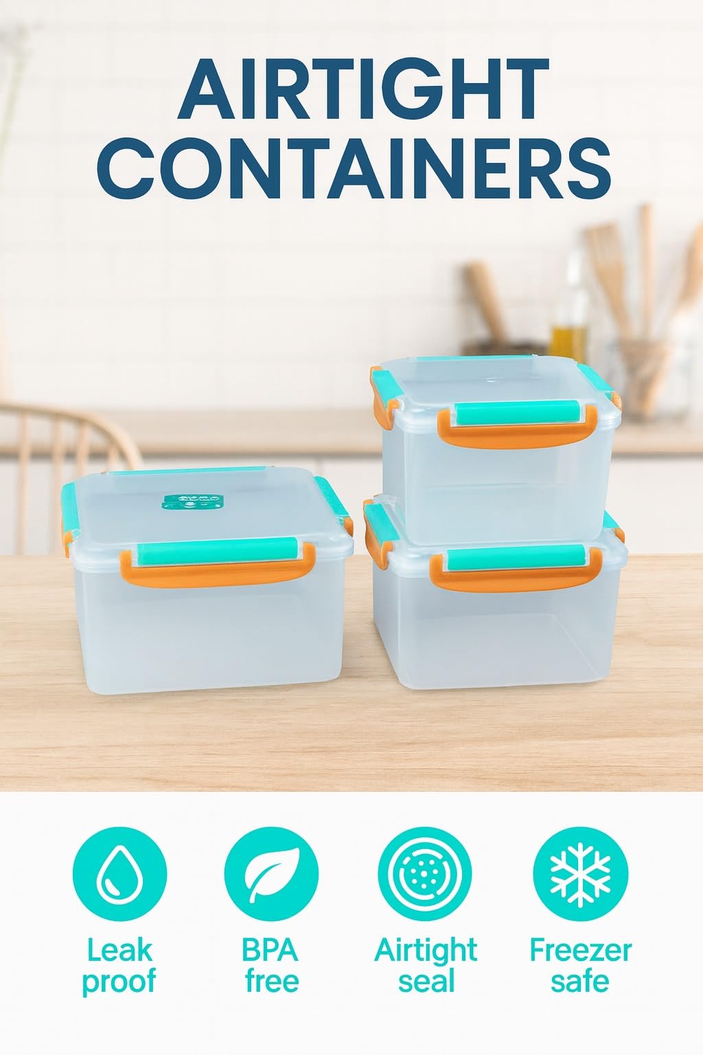 Food Storage Containers Set, 3 Pcs Refrigerator Crisper Box with Airtight Seal, Microwave and Dishwasher Safe, Leak Proof, Easy to Clean, Square Food Grade for Vegetables and Fruit (Orange) - image 2