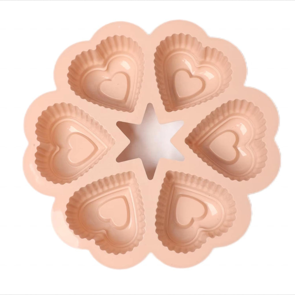 Silicone Muffin Pan - Heart Mold 6 Cups, Non-Stick Baking Tray with Handles, BPA Free, Oven Safe & Reusable for Cup cakes, Muffins, Brownies and Parties (Pink) - image 1