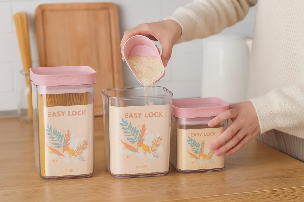 Food Storage Containers Set – Airtight Kitchen Jars With Lids, Pantry Organization Acrylic Canisters For Flour Sugar Legumes Spices Snacks, Stackable Clear Set Of 4 (400/600/800/1000ml) (Pink) - image 4