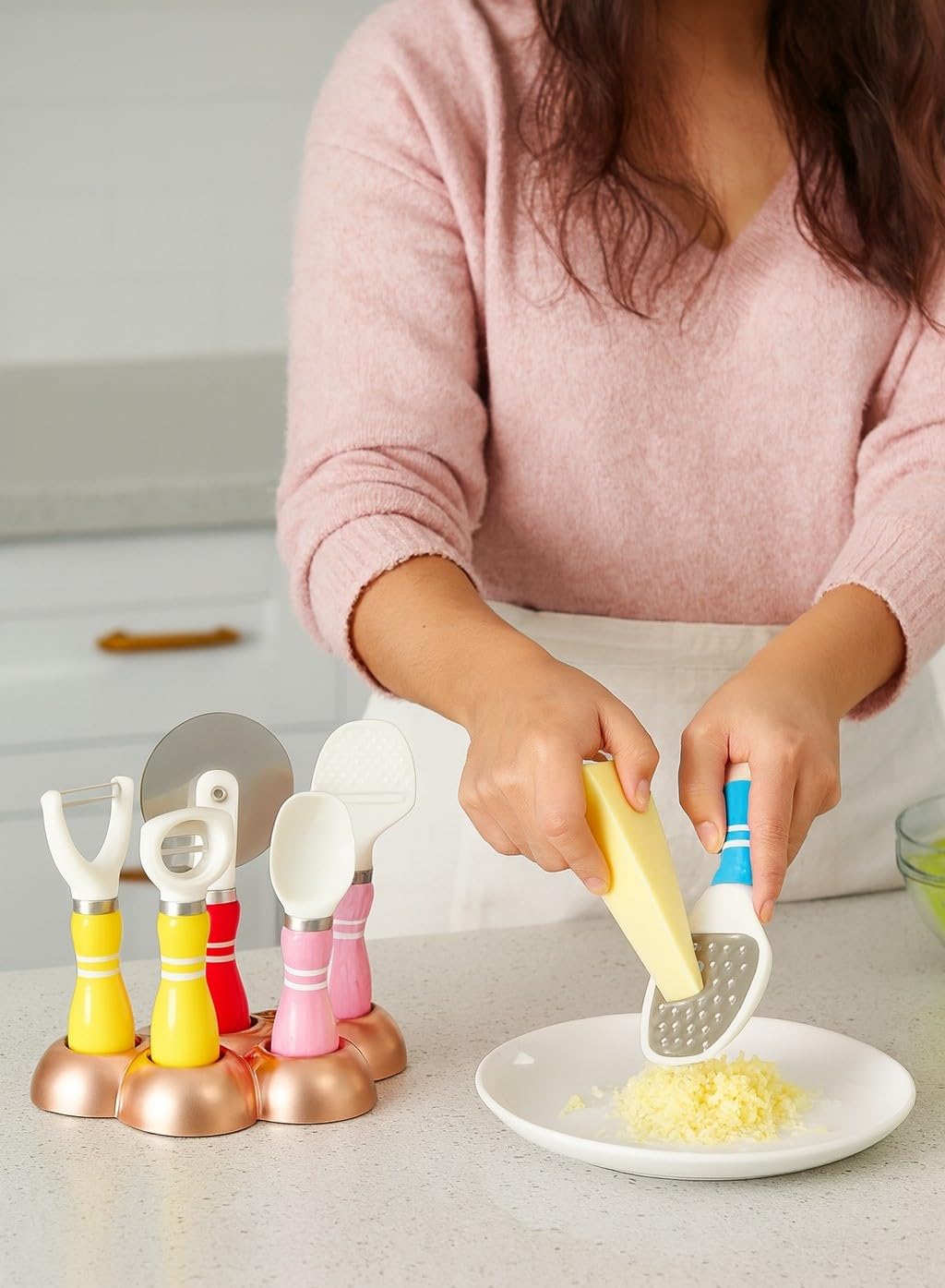 Kitchen Utensil Set 8 Pcs with Holder, Stainless Steel Cooking Tools with Peeler, Cheese Grater, Can Opener and Pizza Cutter for Food Preparation, Multicolor - image 3