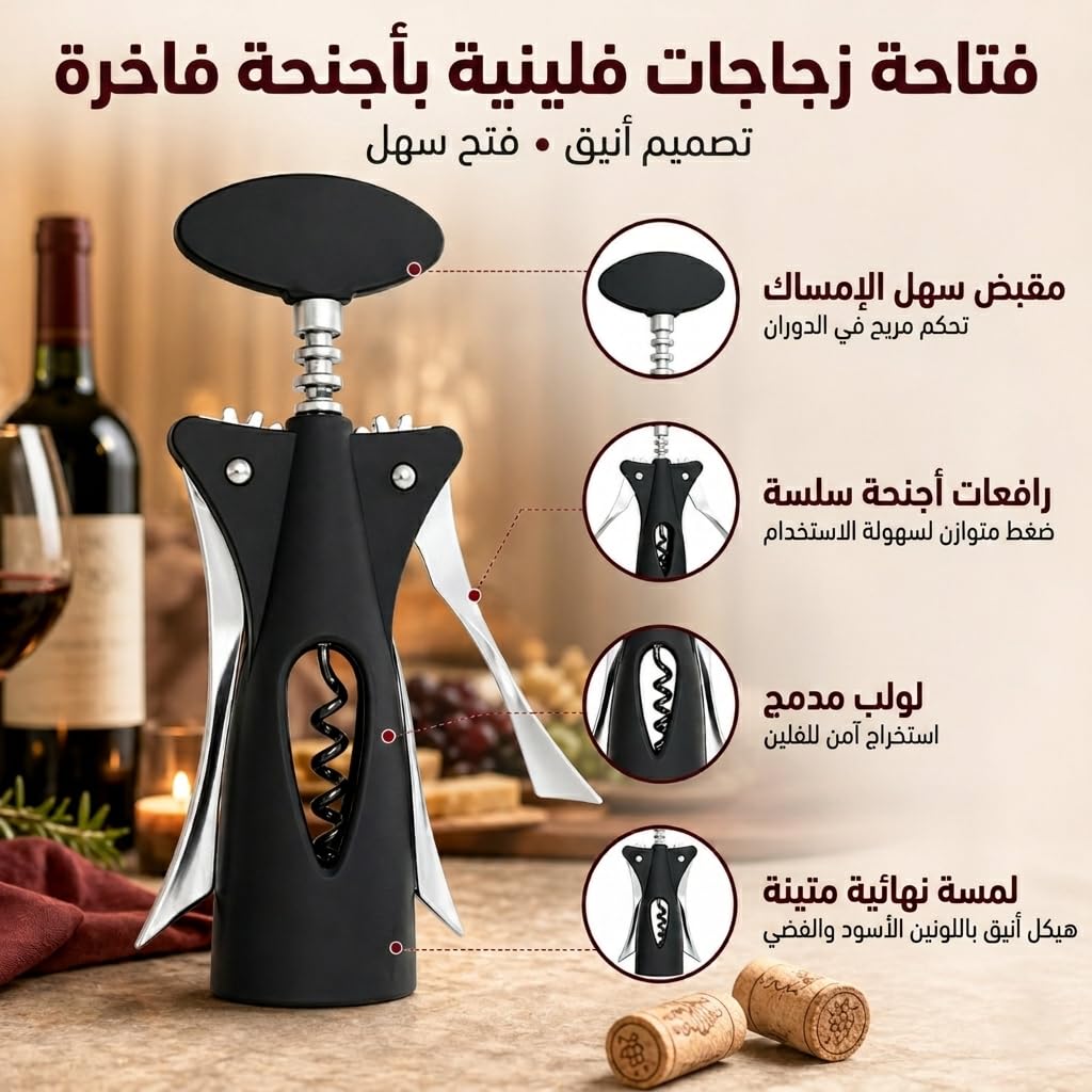 Wine Opener, Winged Corkscrew Stainless Steel Manual Bottle Opener with Dual Lever Handles, Cork Remover for Home, Kitchen and Parties, Black and Silver, XD-84 - image 2