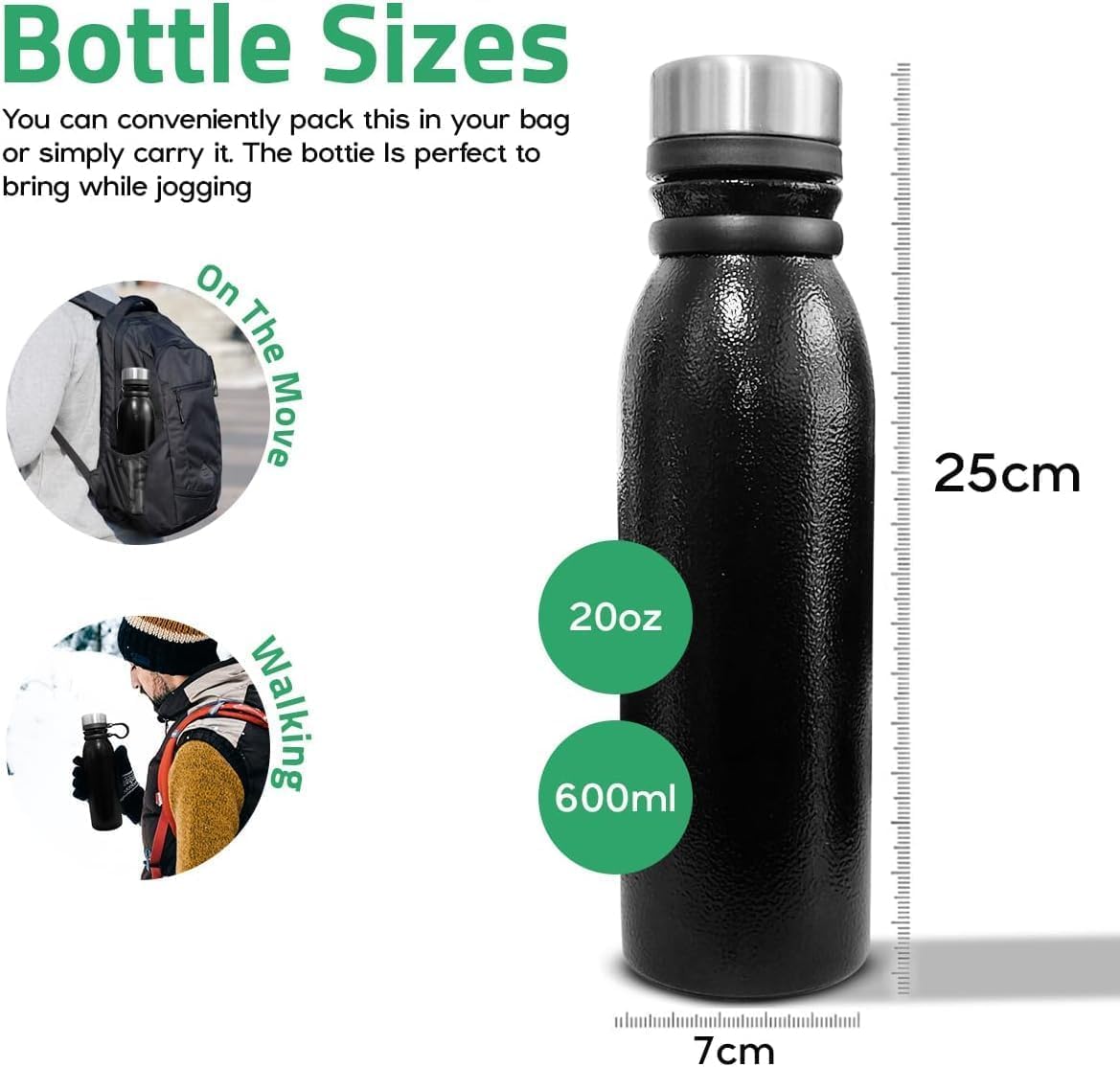 Water Bottle 600ml, Stainless Steel Vacuum Insulated Flask with Double Wall Leak-Resistant Design for Hot and Cold Drinks, Sports, Travel, Office and Gym, Black - image 3
