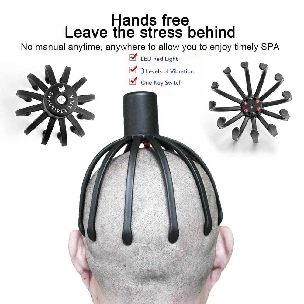 Head Scalp Massager Electric 3D Massage Arms 12 Claw Design 3 Vibration Modes Stress Relief USB Rechargeable Handheld Home Office Travel - image 8
