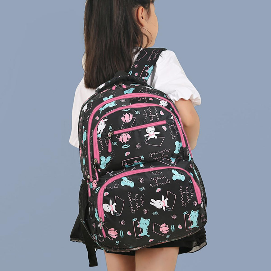 School Bag - Lightweight School Backpack for Kids & Girls, Multi Pocket, Large Capacity, Wear Resistant Breathable Nylon, Padded Straps, Side Bottle Pockets (Black) - image 5