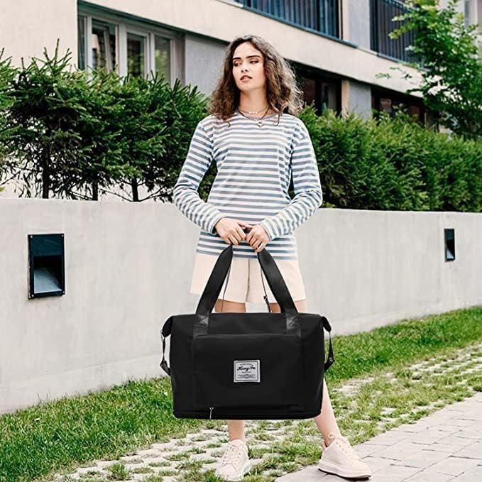 Travel Bag for Women Large Capacity Waterproof Foldable, Sports Gym Duffle with Side Pocket, Lightweight Carry-On Shoulder Bag (Black) - image 2