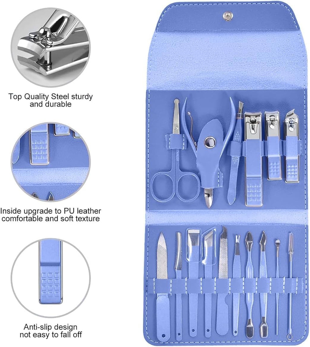 Manicure and Pedicure Set 16 Pcs, Stainless Steel Nail Clippers and Grooming Tools for Fingernails, Toenails and Eyebrows, Compact Nail Care Kit for Men and Women, Blue - image 4