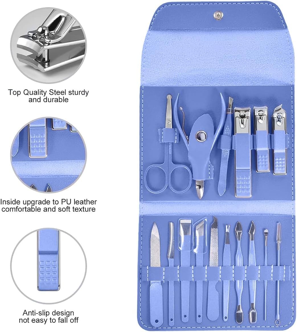 Manicure and Pedicure Set 16 Pcs, Stainless Steel Nail Clippers and Grooming Tools for Fingernails, Toenails and Eyebrows, Compact Nail Care Kit for Men and Women, Blue - image 4