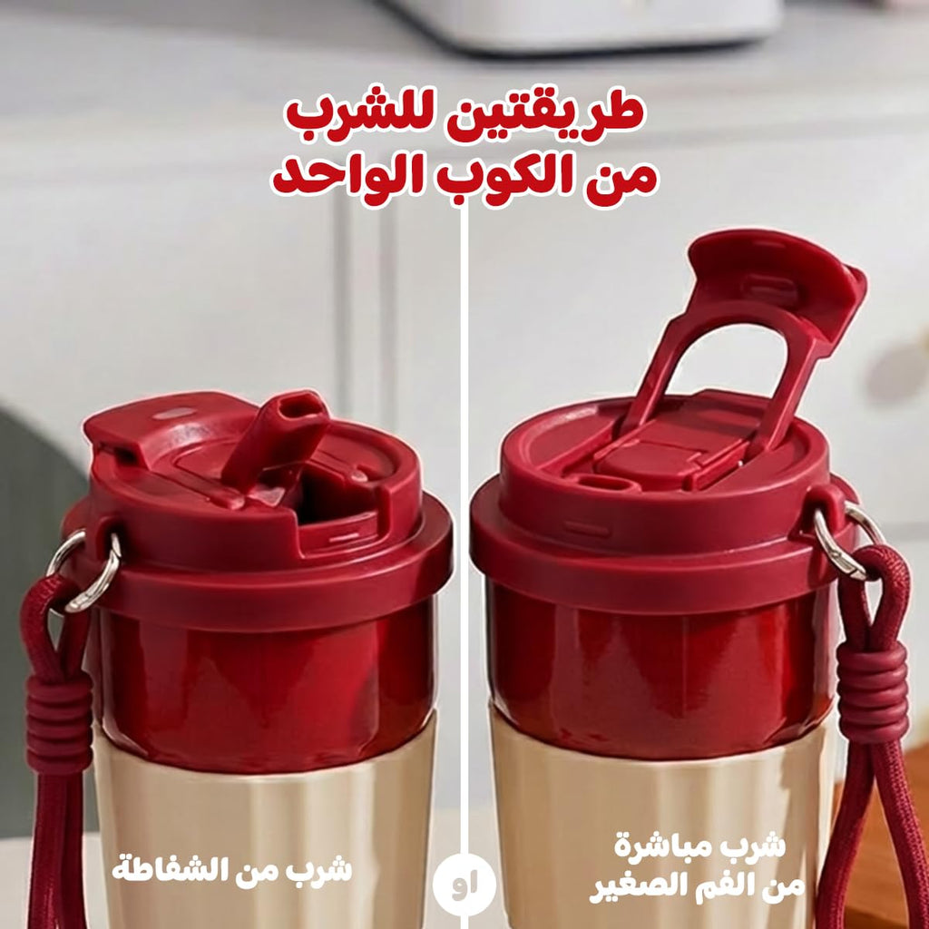 Travel Mug 500ml, Vacuum Insulated Stainless Steel Tumbler with Straw Lid and Carry Handle, Leak-Resistant Coffee Cup for Hot and Cold Drinks, Car and Office, F-1537 (Red) - image 3