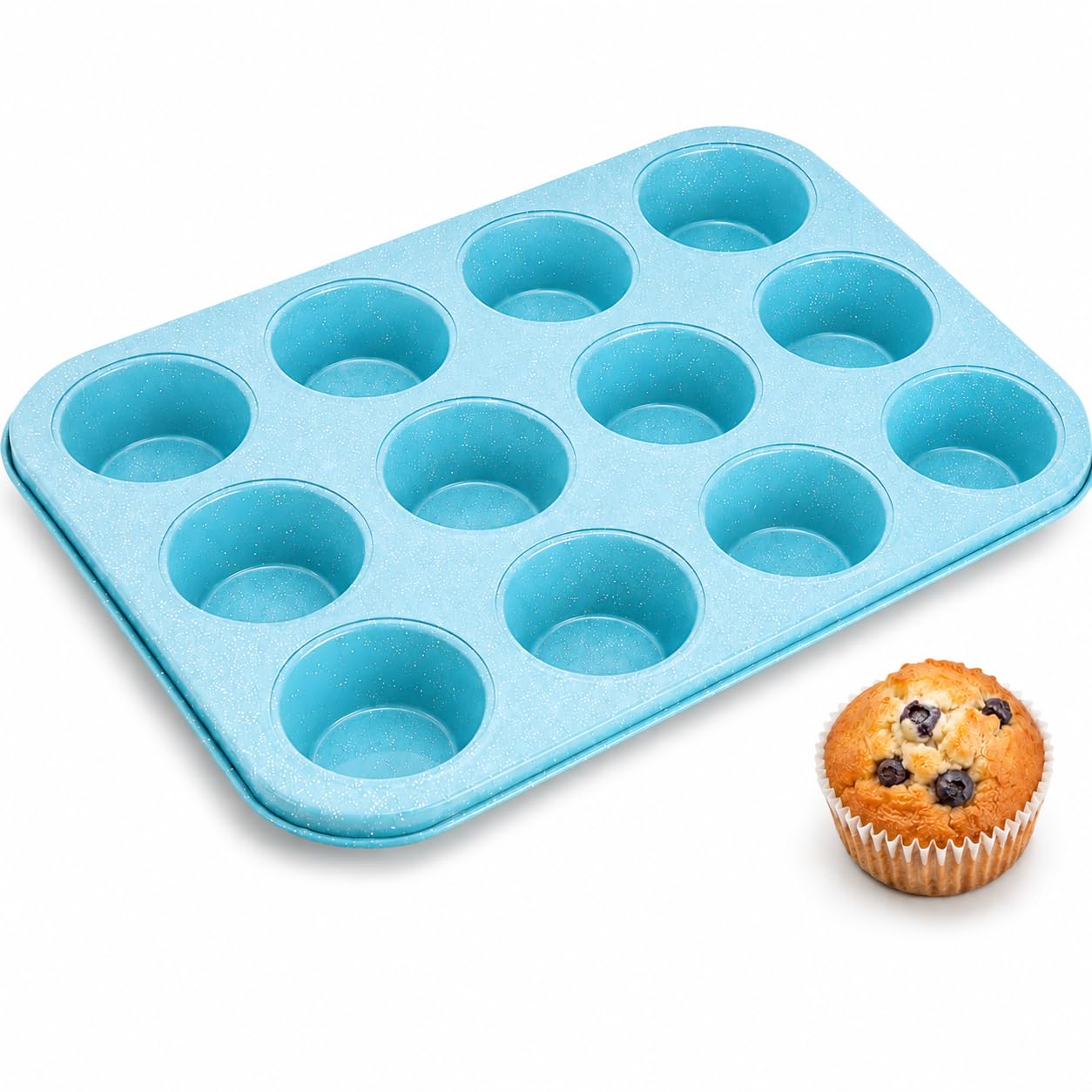 Muffin Pan, 12-Cup Non-Stick Cupcake Baking Tray for Muffins, Cupcakes, Cheesecakes and Desserts, Reusable Oven Bakeware, KK-24 (Blue) - image 1
