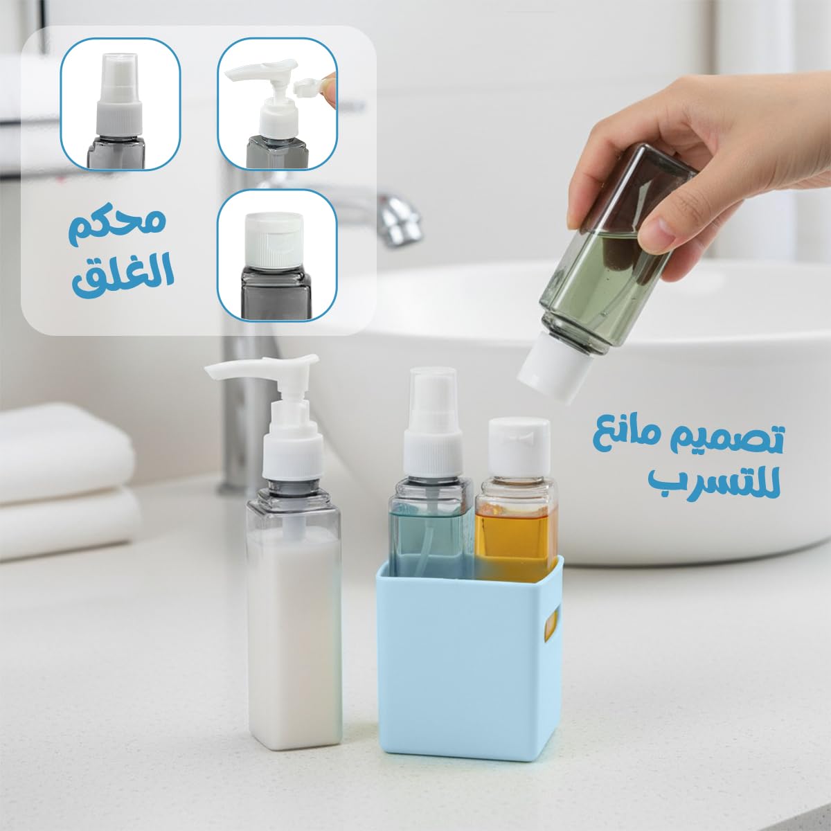 Travel Bottles 4 in 1, Refillable Toiletry Dispenser with Portable Pump and Leak-Resistant Containers for Shampoo, Conditioner, Body Wash, Lotion and Sunscreen, BPA-Free, Blue - image 4
