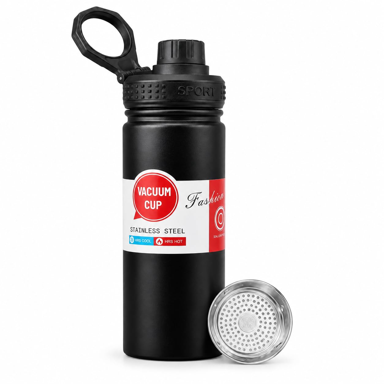 Water Bottle 550ml, 304 Stainless Steel Vacuum Insulated Flask with Leakproof Lid, BPA-Free Double Wall Sports Bottle for Hot and Cold Drinks, Gym, Travel and Office, F-742, Black - image 1