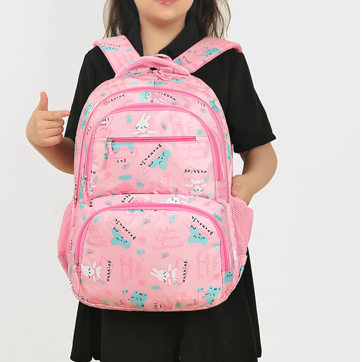 School Bag - Lightweight School Backpack for Kids & Girls, Multi Pocket, Large Capacity, Wear Resistant Breathable Nylon, Padded Straps, Side Bottle Pockets (Pink) - image 6