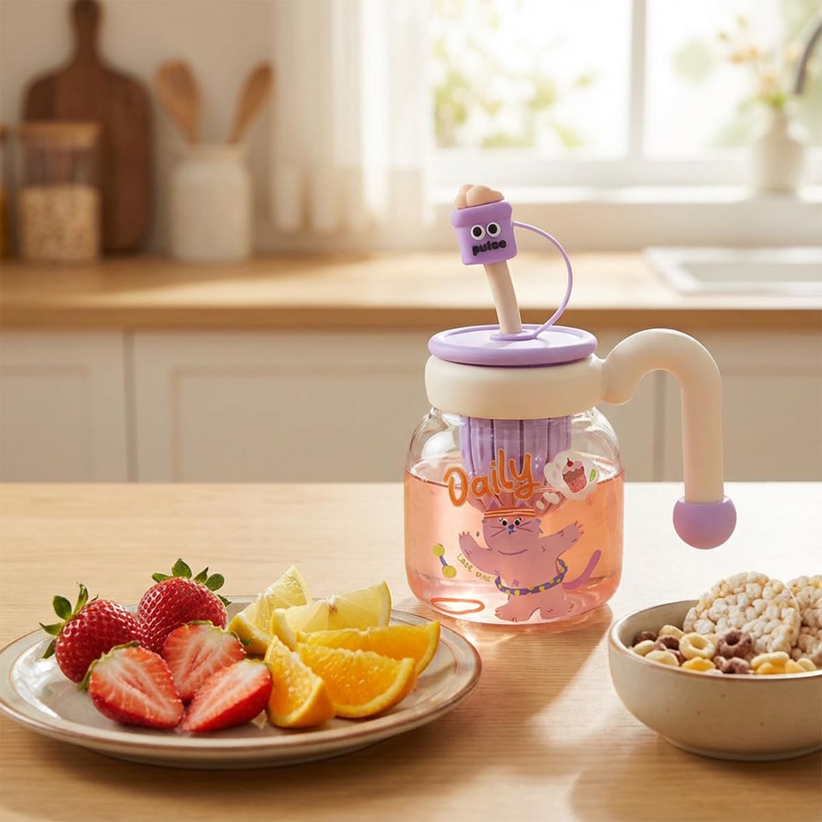 Glass Water Bottle with Straw & Handle 860ml - Strainer Cup, Leak-Proof, BPA-Free, Easy-Grip Lid for Juice, Milk and Tea, Cute Cup Ideal for Outdoor & Indoor, GG-2533 (Creamy, Purple) - image 7