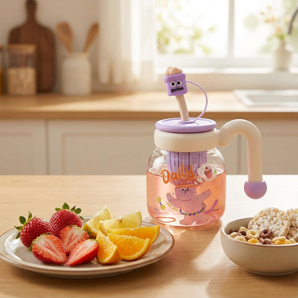 Glass Water Bottle with Straw & Handle, 860ml Strainer Cup, Leak-Proof Reusable Drink Bottle with Easy-Grip Lid for Juice Milk Tea, for Indoor and Outdoor Use, GG-2533 (Creamy, Purple) - image 7