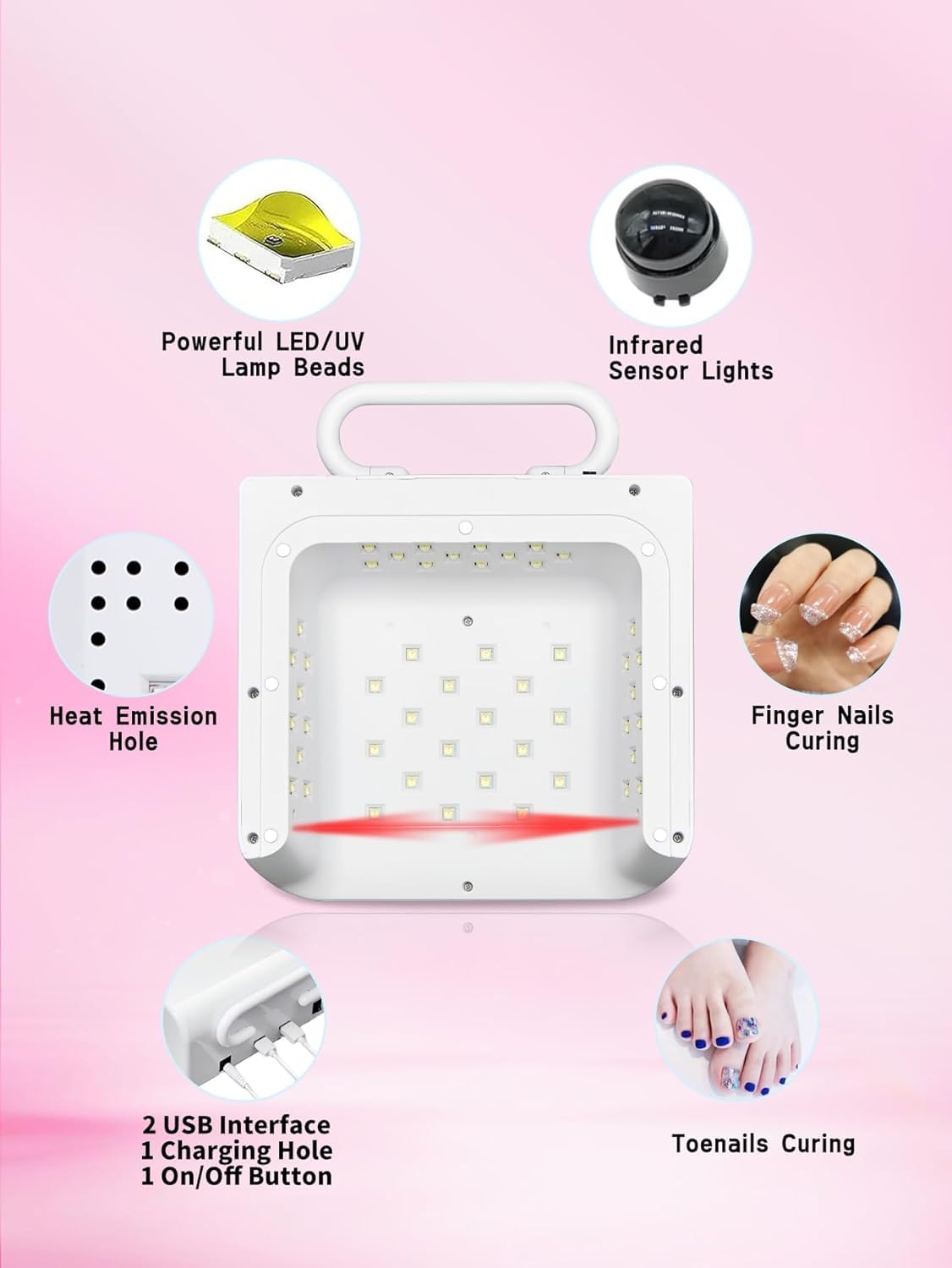 UV Nail Lamp 220W Cordless LED Dryer 48 LEDs Digital Display for Gel Polish Manicure Pedicure Rechargeable Portable Salon BY-10 White - image 6