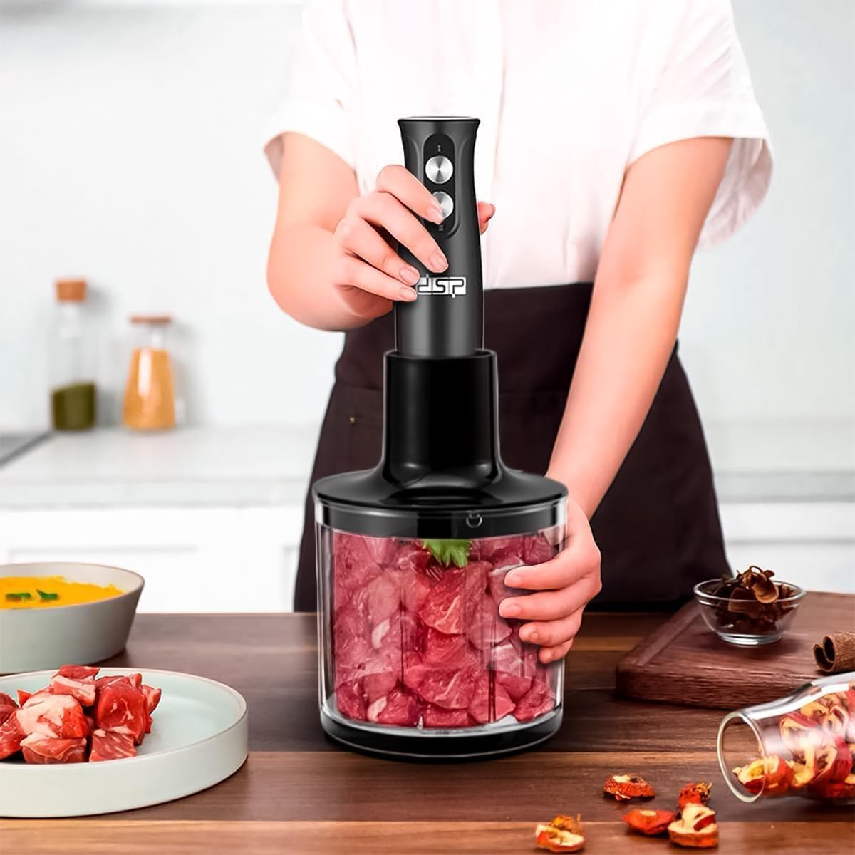 Hand Blender 4 in 1, 500W Immersion Blender with 2 Speeds, Stainless Steel Shaft, 500ml Chopper, Whisk and Beaker for Soups, Sauces and Food Prep, Black, KM1093 - image 7