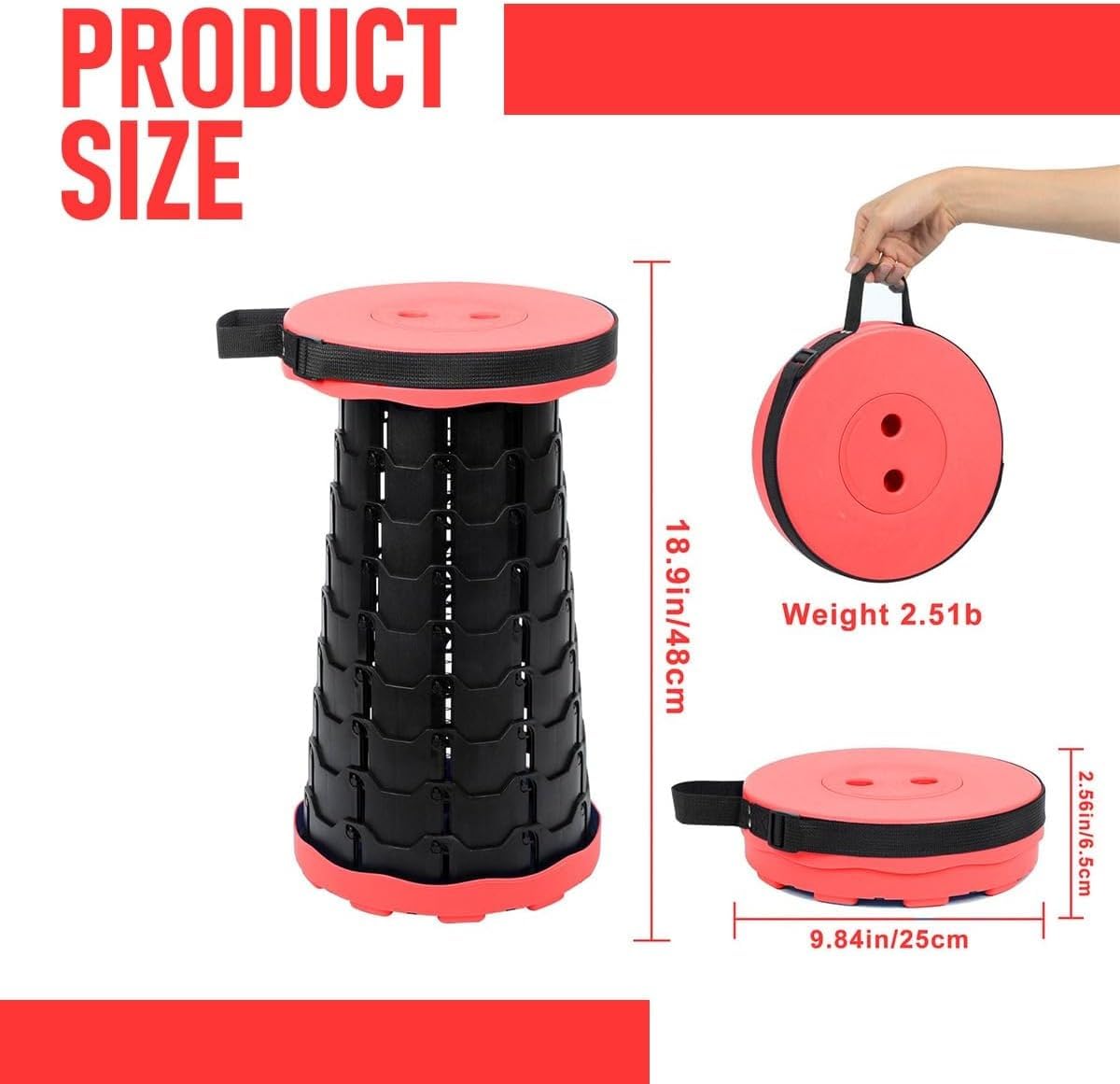 Camping Stool, Portable Telescopic Folding Seat, Collapsible Retractable Sturdy Chair Supports 220lbs for Fishing, Hiking, Travel, Queuing and Gardening (Red) - image 2