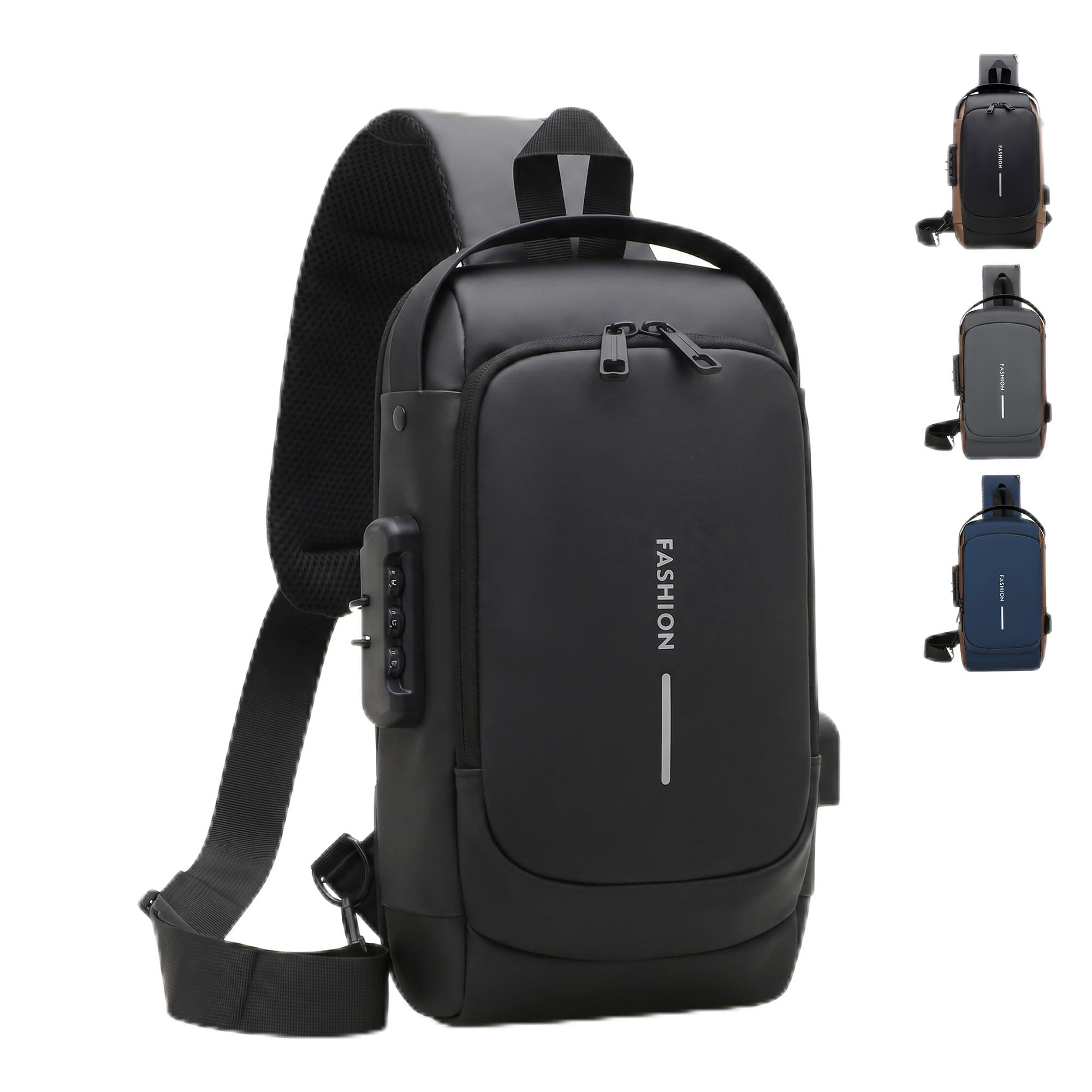 Crossbody Bag for Men and Women, Sling Chest and Shoulder Bag with Combination Lock, USB Access Port, Multiple Pockets and Water-Resistant Exterior for Travel and Daily Use (Black) - image 1