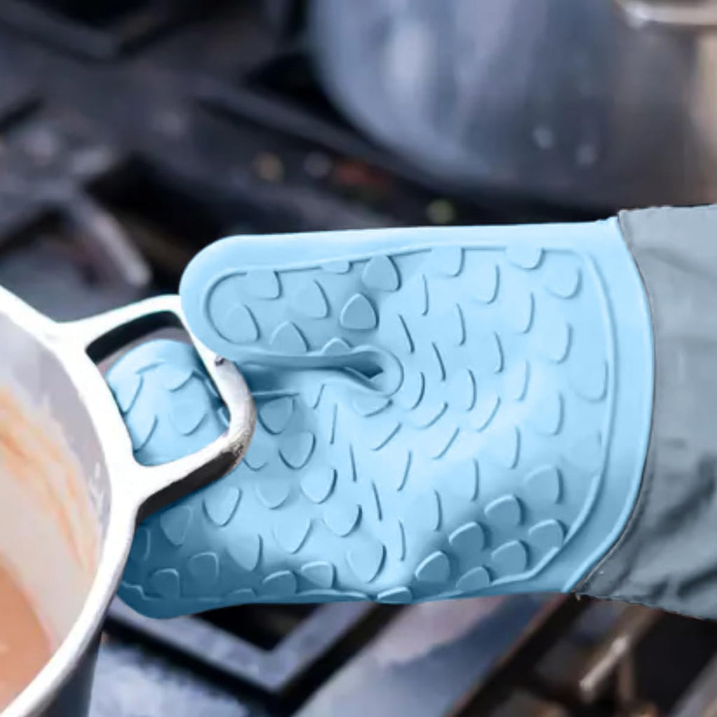 Oven Gloves - Silicone Oven Mitts Heat Resistant, Long & Non-Slip Kitchen Gloves with Soft Cotton Lining, Durable and Machine Washable for Cooking, Baking and BBQ (Light Blue) - image 7