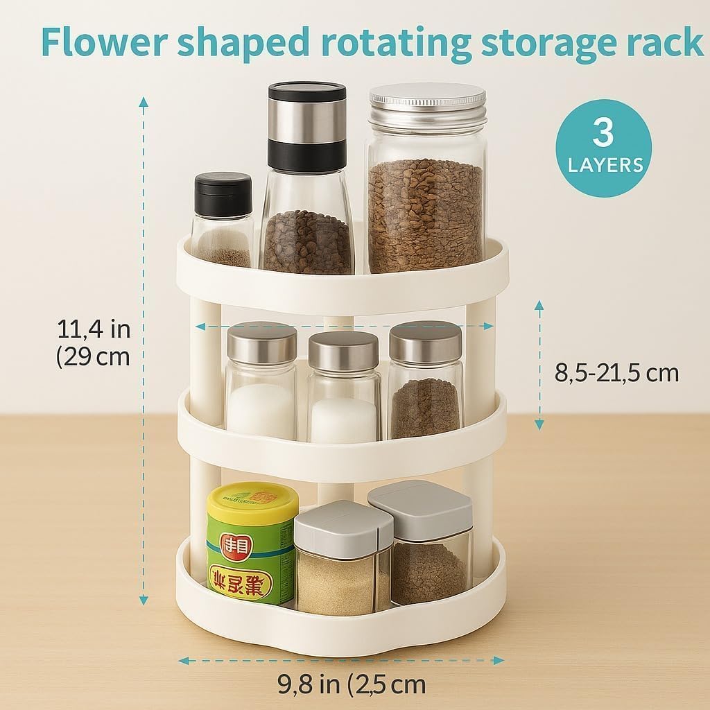 Spice Rack Organizer, 3-Tier 360° Rotating Lazy Susan Turntable, Space-Saving Plastic Storage Holder for Kitchen Countertop, Cabinet, Pantry, Fridge and Bathroom, White - image 3