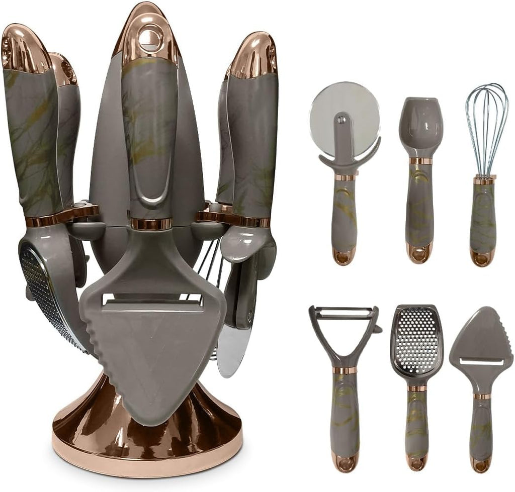 Kitchen Utensils Set, 7 Pcs Stainless Steel Cooking Tools with Holder, Whisk and Grater, BPA-Free, Easy to Clean Multifunctional Kitchenware (Brown) - image 1