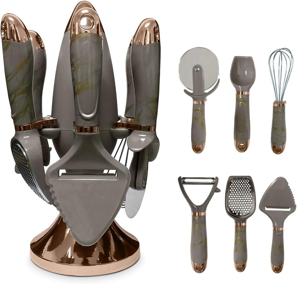 Kitchen Utensils Set, 7 Pcs Stainless Steel Cooking Tools with Holder, Whisk and Grater, BPA-Free, Easy to Clean Multifunctional Kitchenware (Brown) - image 1