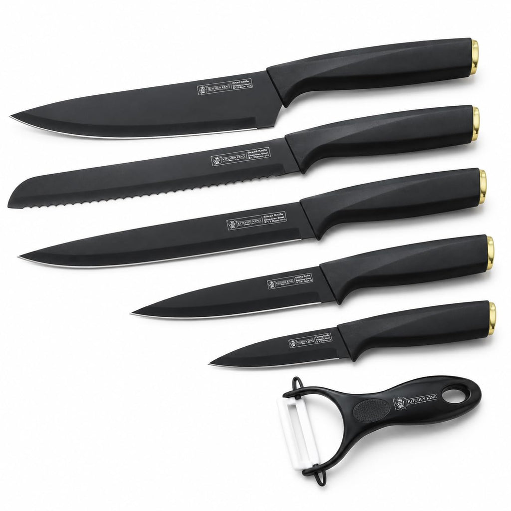 Kitchen Knife Set 6 Piece, Marble-Coated Non-Stick Cooking Knives with Chef, Bread, Slicing, Utility and Paring Knives for Food Preparation, H-736 - image 1