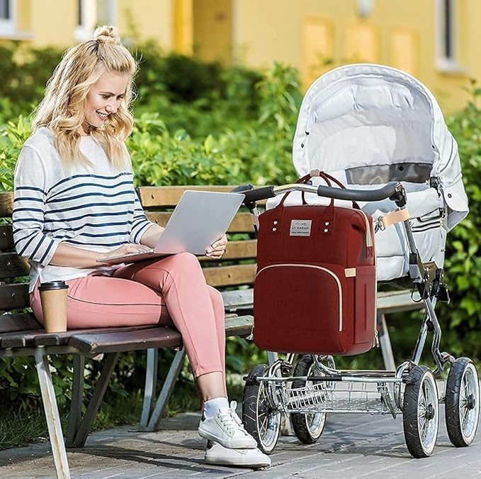 Diaper Bag Backpack with Foldable Baby Bed, Large Capacity Maternity Bag, Waterproof, Insulated Pockets, Changing Pad, Stroller Hooks (Red) - image 6