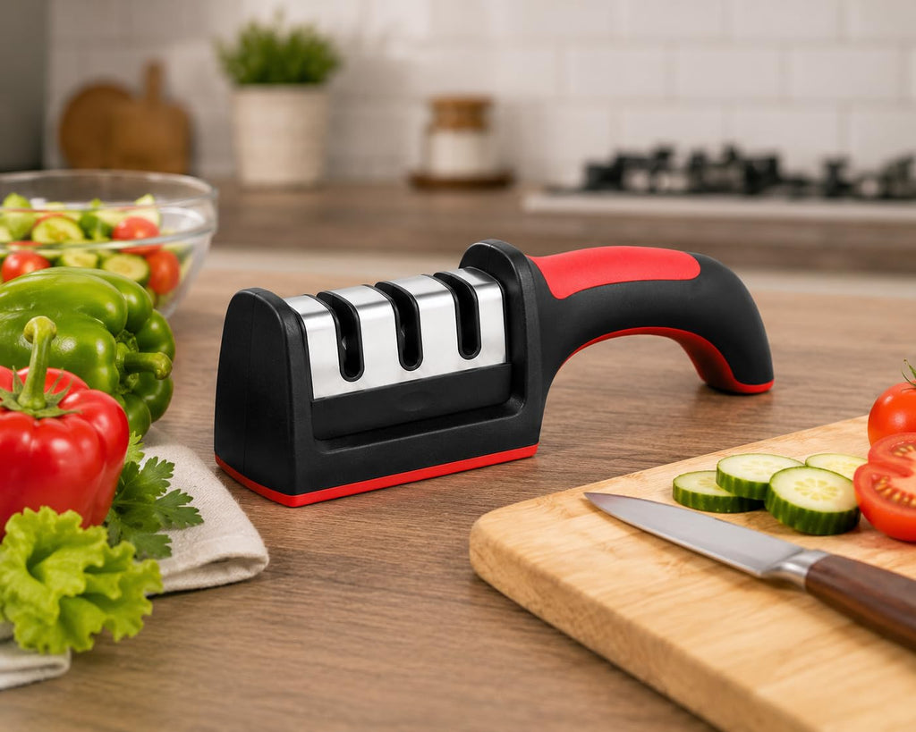Knife Sharpener 3-in-1, Manual Stainless Steel Sharpening Tool for Kitchen Knives and Scissors with Non-Slip Ergonomic Handle, Black, H-145 - image 7