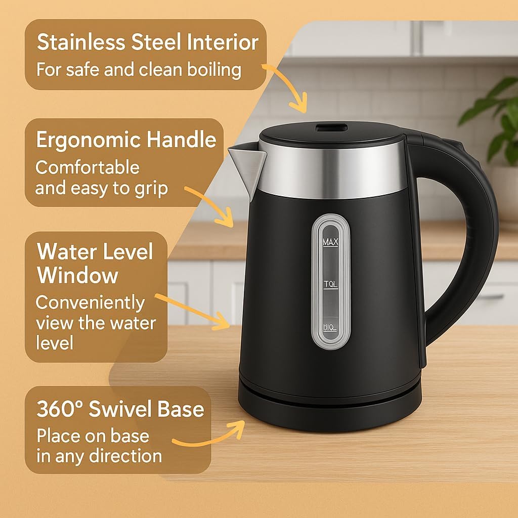 Electric Kettle 1L, 1200W Stainless Steel Water Boiler with Fast Boiling, Auto Shut-Off, 360° Swivel Base, Indicator Light and Water Level Window, Sokany SK-0808 (Black) - image 3