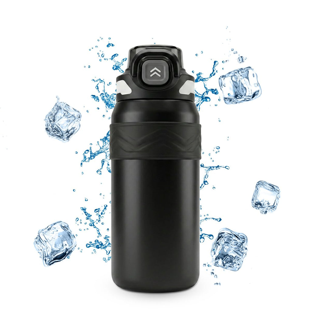 Water Bottle 600ml, Vacuum Insulated Stainless Steel Flask with Straw Lid, Carry Handle and Leakproof Double Wall Design for Hot and Cold Drinks, Gym, Travel and Office, F-1542, Black - image 1