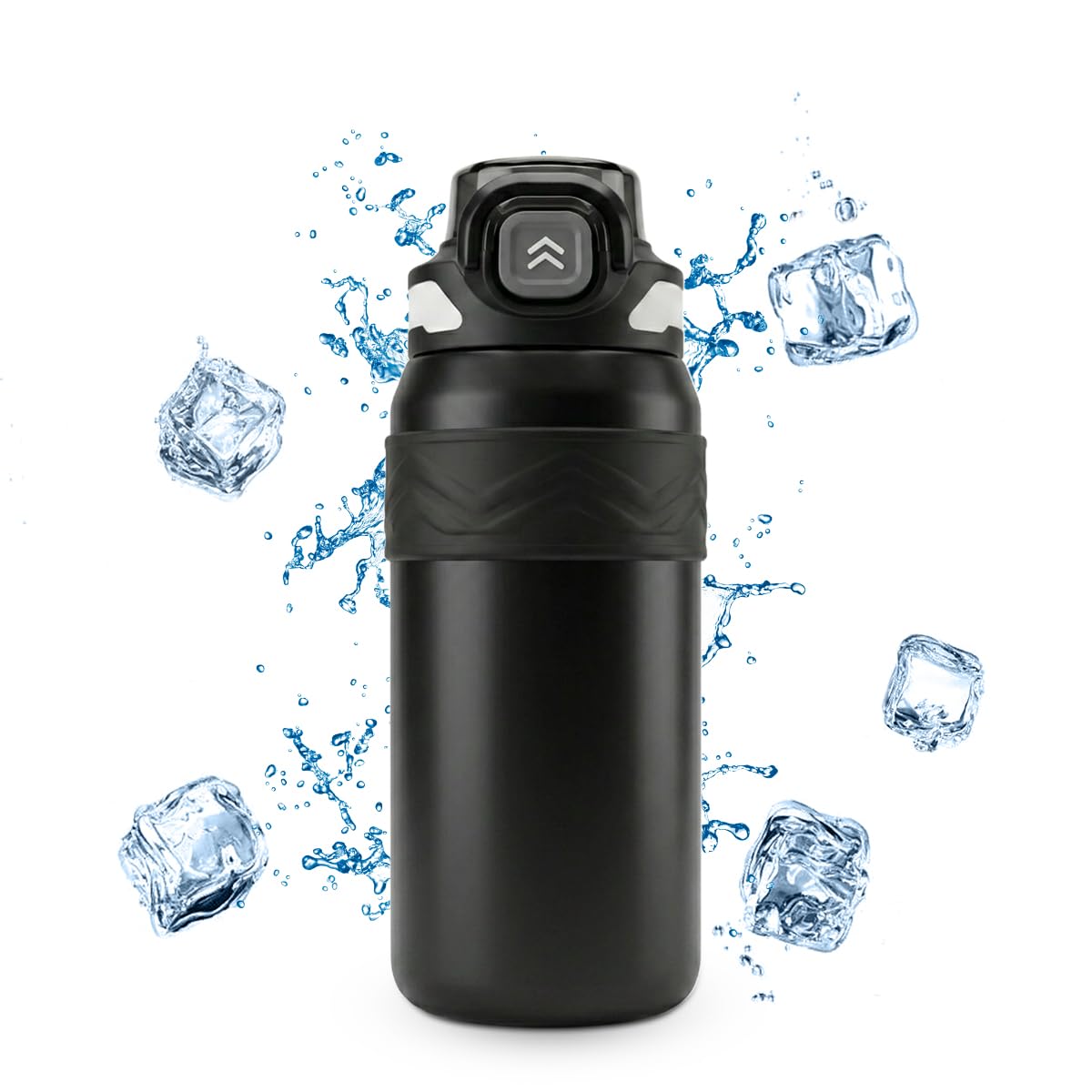 Water Bottle 600ml, Vacuum Insulated Stainless Steel Flask with Straw Lid, Carry Handle and Leakproof Double Wall Design for Hot and Cold Drinks, Gym, Travel and Office, F-1542, Black - image 1