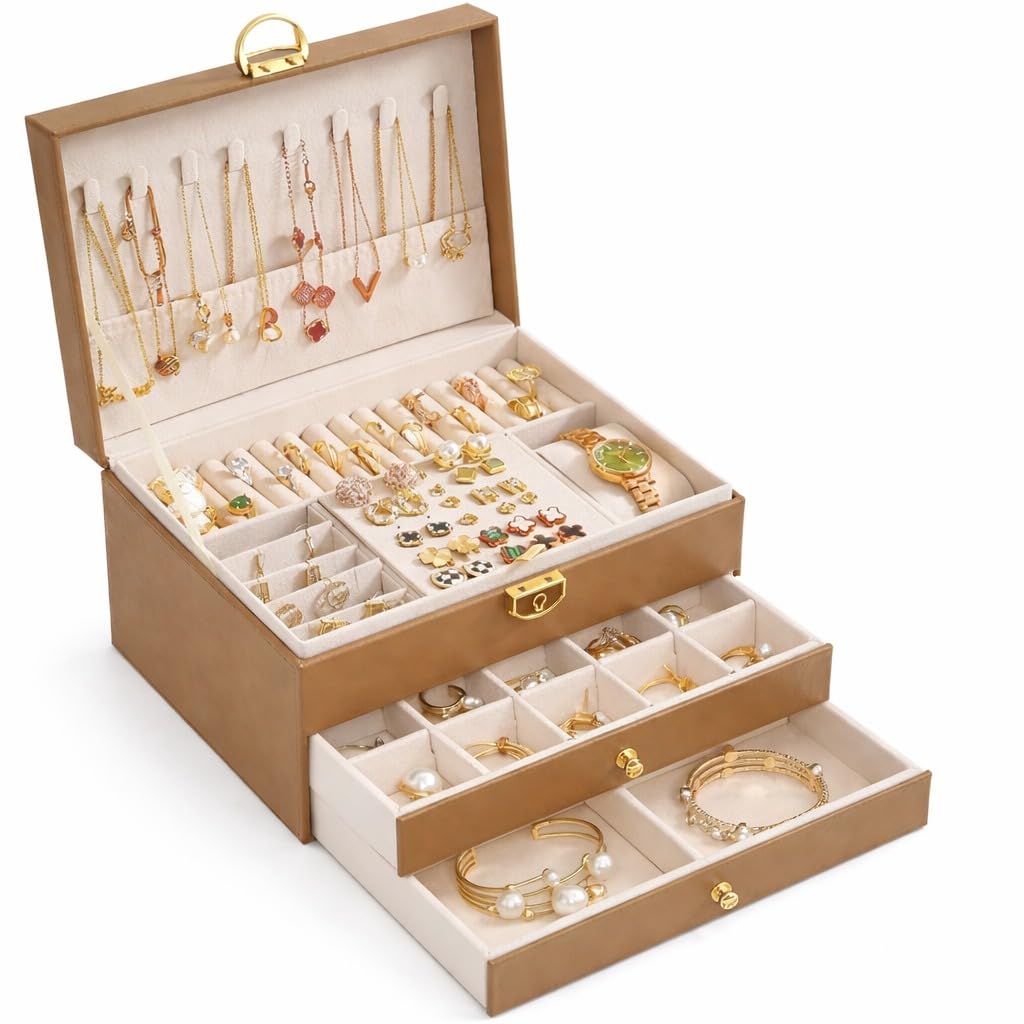 Accessories Organizer for Women, Travel Jewelry Box, 3-Layer Locking Jewelry Storage Case for Earrings, Bracelets, Rings, Watches, Brown - image 1
