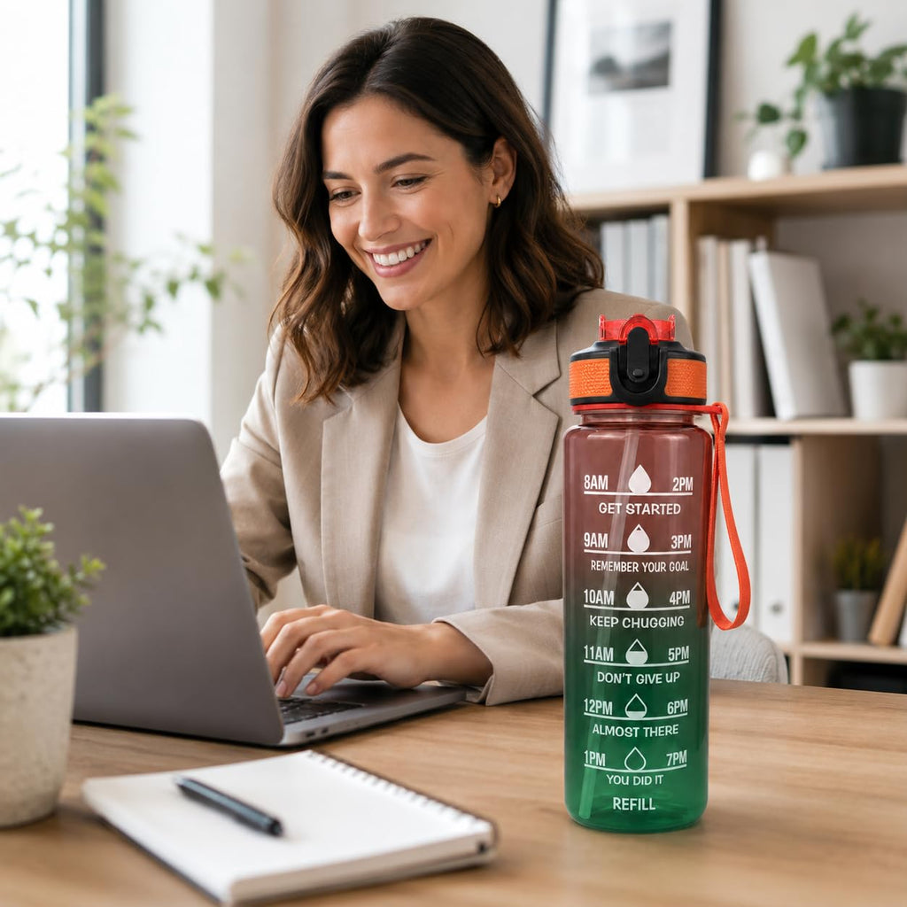 Water Bottle 1 Litre with Time Markings, Leak-Resistant Reusable Sports Drinking Bottle with Carry Handle for Gym, School, Work and Travel, FL-1263, Orange & Green - image 7