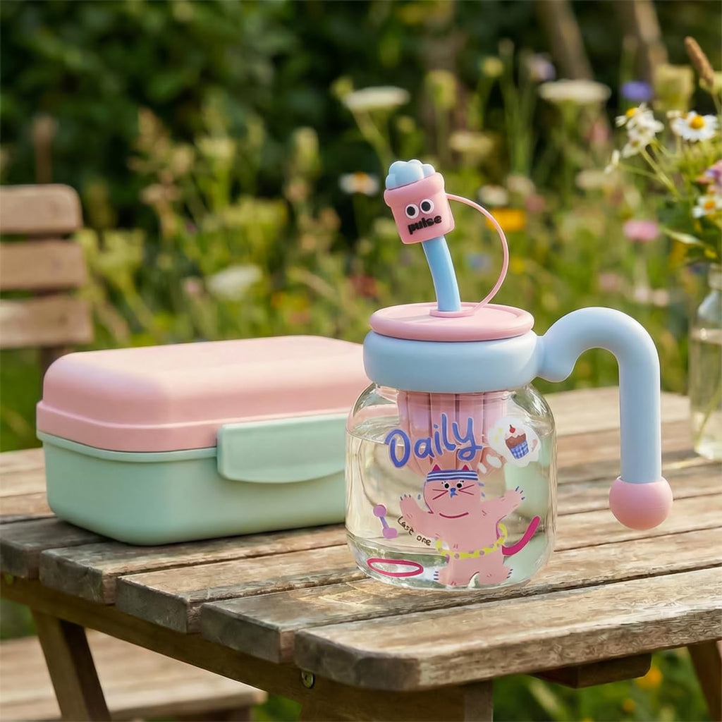 Water Bottle 860 ml, Glass Bottle with Straw and Handle, Leakproof Reusable Strainer Cup with BPA-Free Lid for Water, Juice, Milk and Iced Tea, GG-2533 (Light sky blue & pastel pink) - image 6