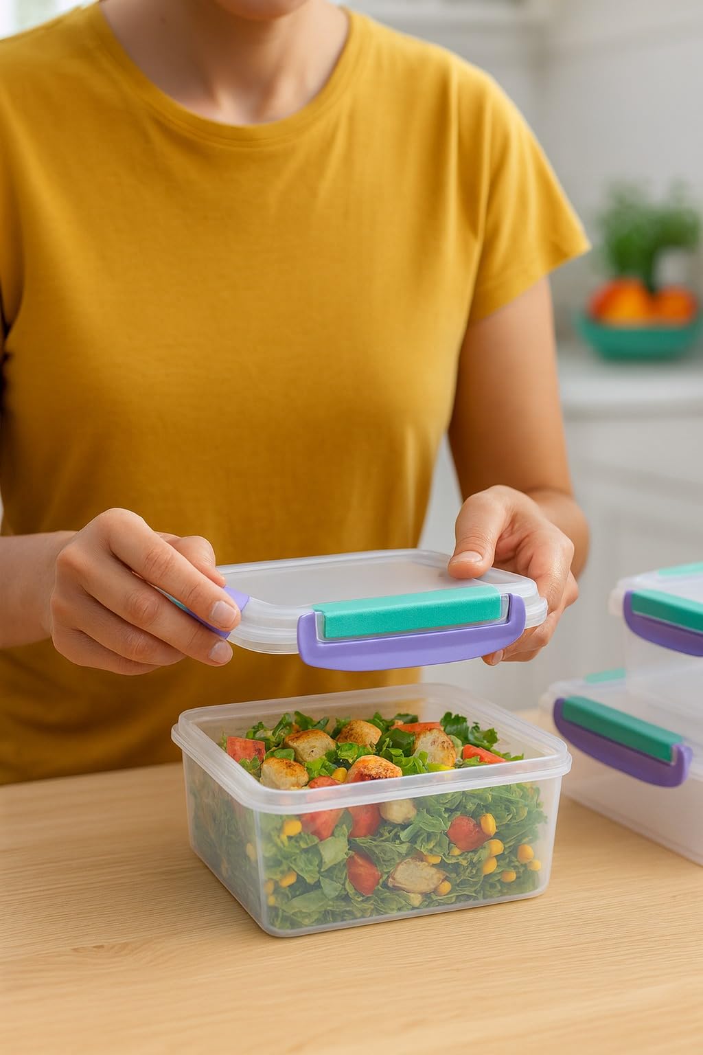 Storage Container Set - 3 Pcs Refrigerator Crisper Box with Airtight Seal, Microwave & Dishwasher Safe, Easy to Clean, Square Food Grade for Vegetable & Fruit, 500/1000/15000 ml (Purple) - image 3