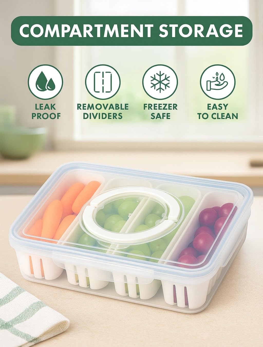 Storage Box with Lid - 4 Compartments Divided Food Storage Container For Refrigerator Kitchen Cabinet Organizer For Sweets Fruit Nuts Snacks Spices - image 2