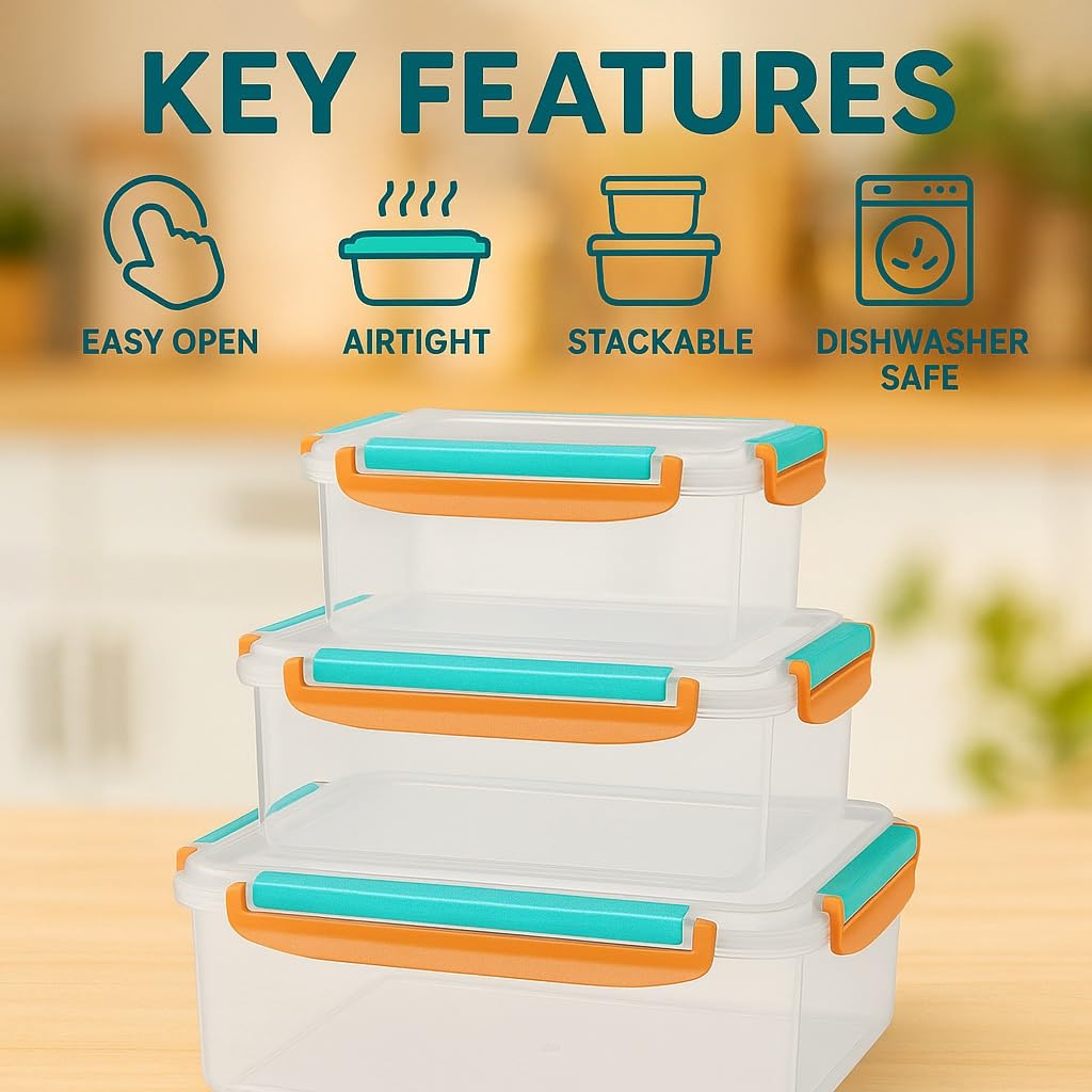 Storage Container Set 3 Pcs Triangle Refrigerator Crisper Box With Airtight Lid Microwave Dishwasher Safe Easy Clean Food Grade Plastic For Vegetables Fruits Snacks 500/1000/1500ml (Orange) - image 2