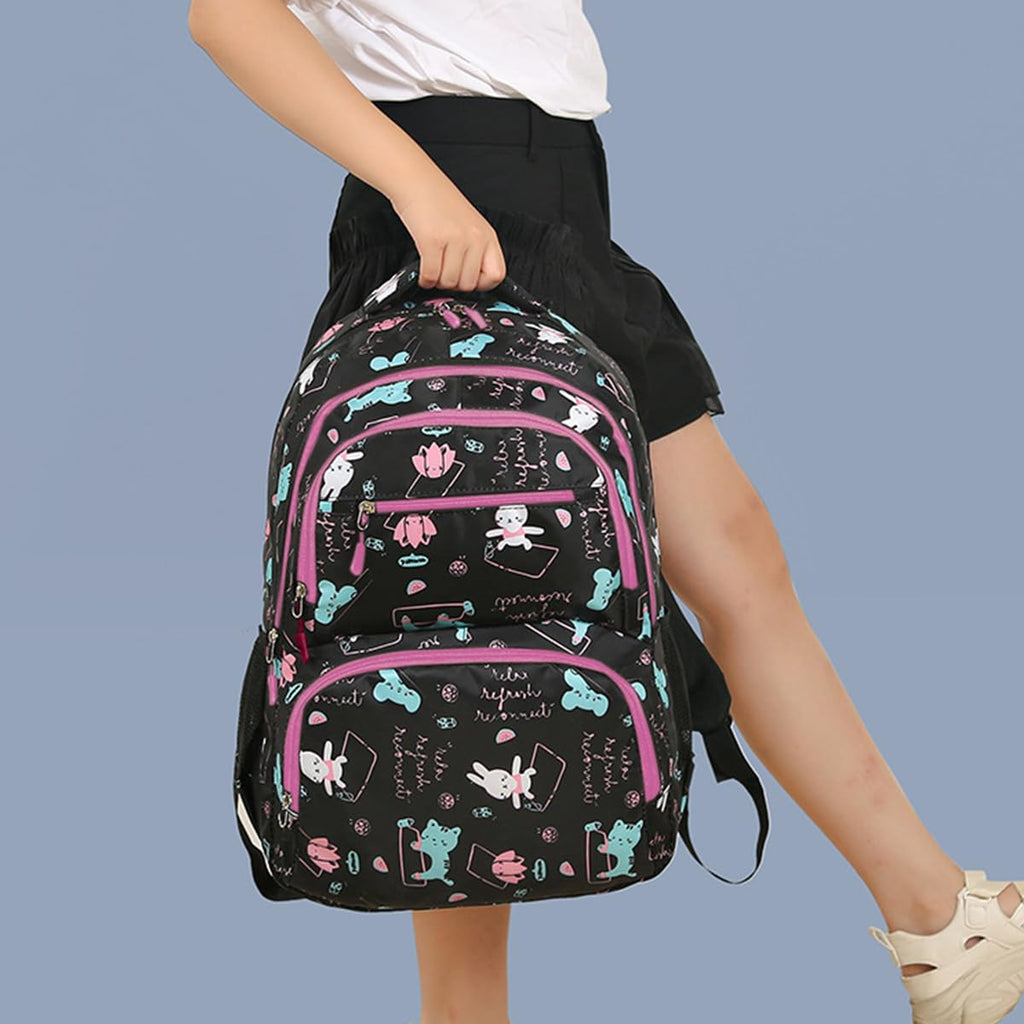 School Bag - Lightweight School Backpack for Kids & Girls, Multi Pocket, Large Capacity, Wear Resistant Breathable Nylon, Padded Straps, Side Bottle Pockets (Black) - image 6