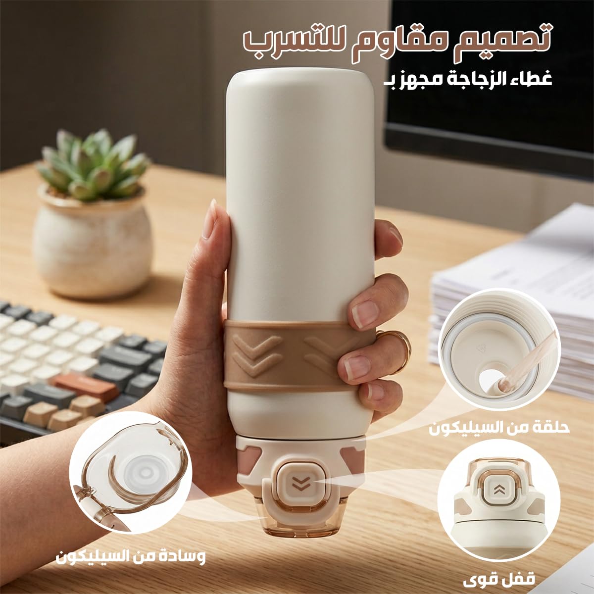 Water Bottle 600ml, Stainless Steel Vacuum Insulated Flask with Straw Lid, Carry Handle and Leakproof BPA-Free Design for Hot and Cold Drinks, Gym, Travel and Home, F-1542 (Brown) - image 3