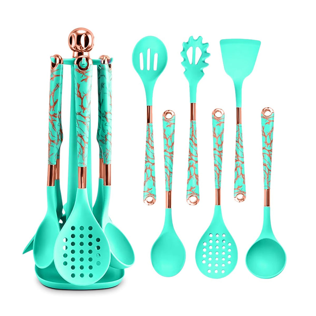 Silicone Cooking Utensils Set 7 Piece Non Stick Heat Resistant Kitchen Tools with Holder for Non Stick Cookware Modern Design (Green) - image 1