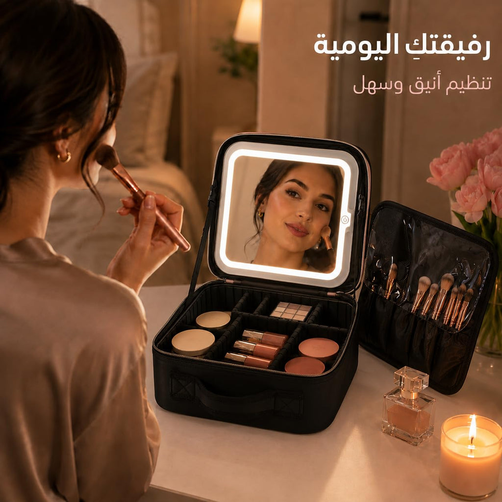 Makeup Bag with LED Mirror, Portable Cosmetic Case with 3 Light Modes, Adjustable Compartments and Water-Resistant ABS Storage Organizer for Women, Home and Travel, X-494, Black - image 6