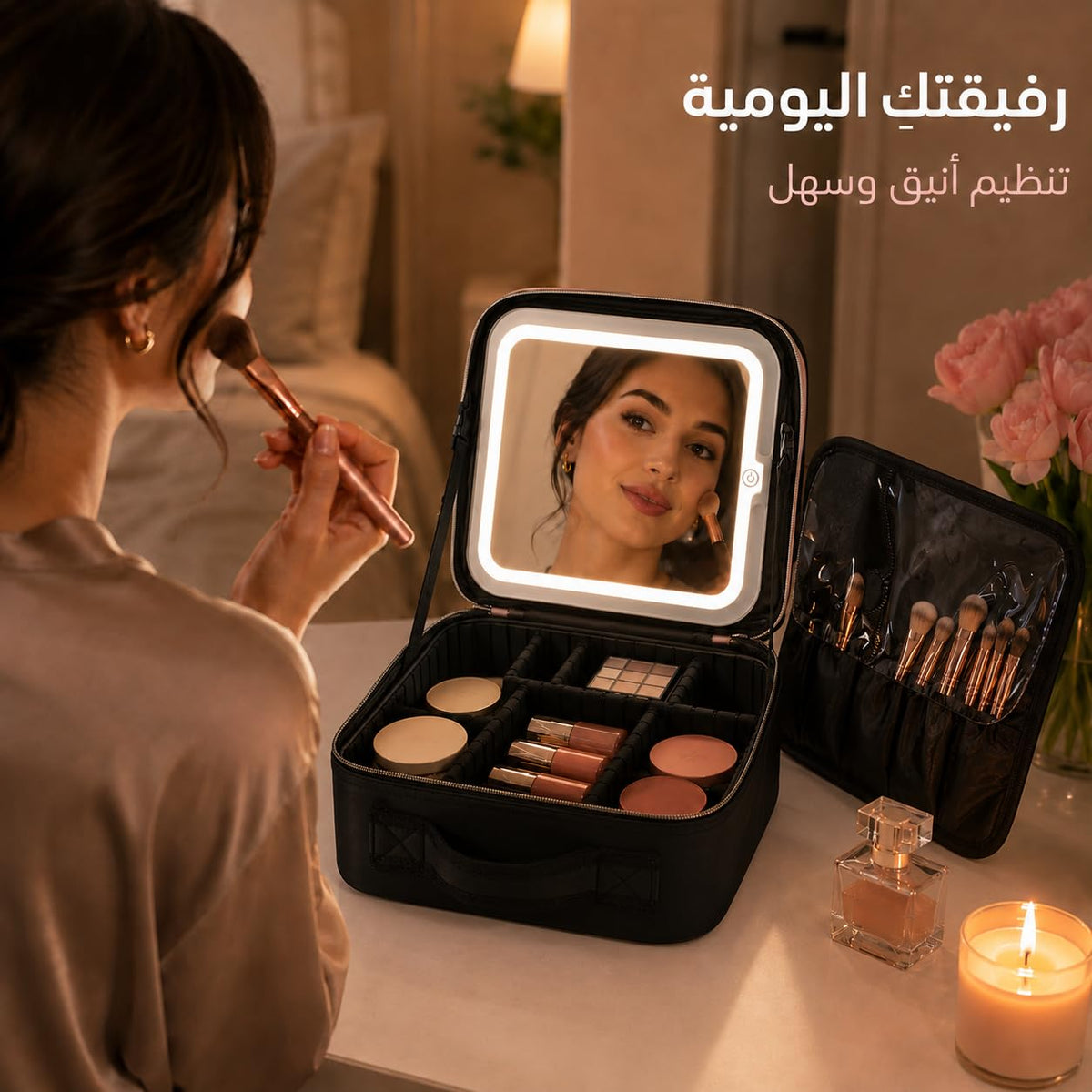 Makeup Bag with LED Mirror, Portable Cosmetic Case with 3 Light Modes, Adjustable Compartments and Water-Resistant ABS Storage Organizer for Women, Home and Travel, X-494, Black - image 6