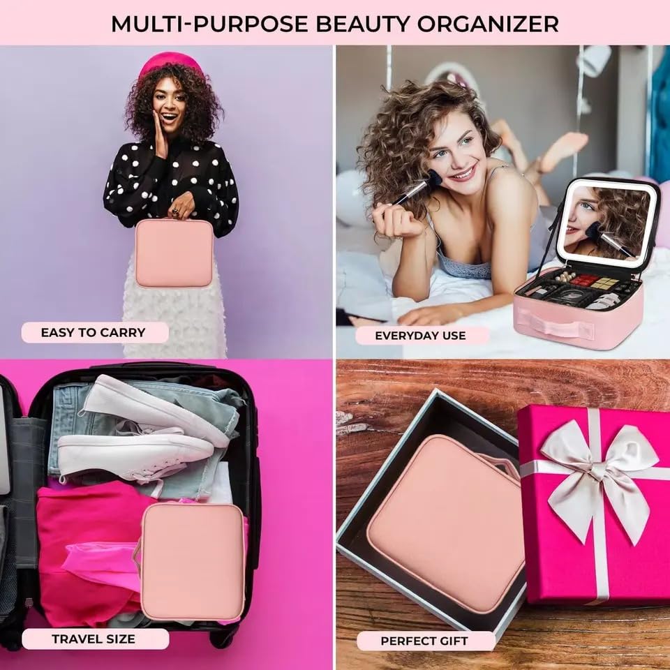 Makeup Bag with LED Mirror, Travel Cosmetic Case with 3 Light Modes, Adjustable Dividers, Brush Slots and Water-Resistant Organizer for Women and Girls, X-494 (Pink) - image 6