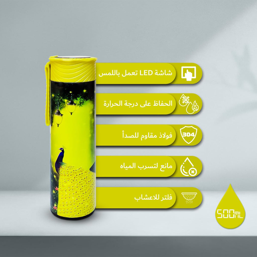 Water Bottle 500ml Stainless Steel, Vacuum Insulated Flask with Temperature Display, Double Wall Leakproof Lid and Carry Handle for Hot and Cold Drinks, Travel, Gym, Office and School (Yellow) - image 2
